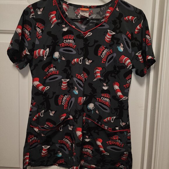 Cherokee Tooniforms Dr. Seuss Here Comes Trouble Women's Scrub Top - XS - Picture 1 of 3